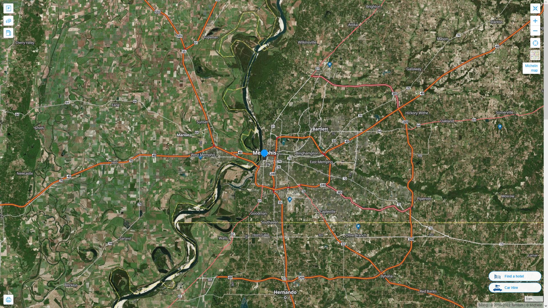 Memphis Tennessee Highway and Road Map with Satellite View